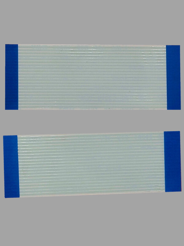 Two flexible flat cables with blue ends on a gray surface.